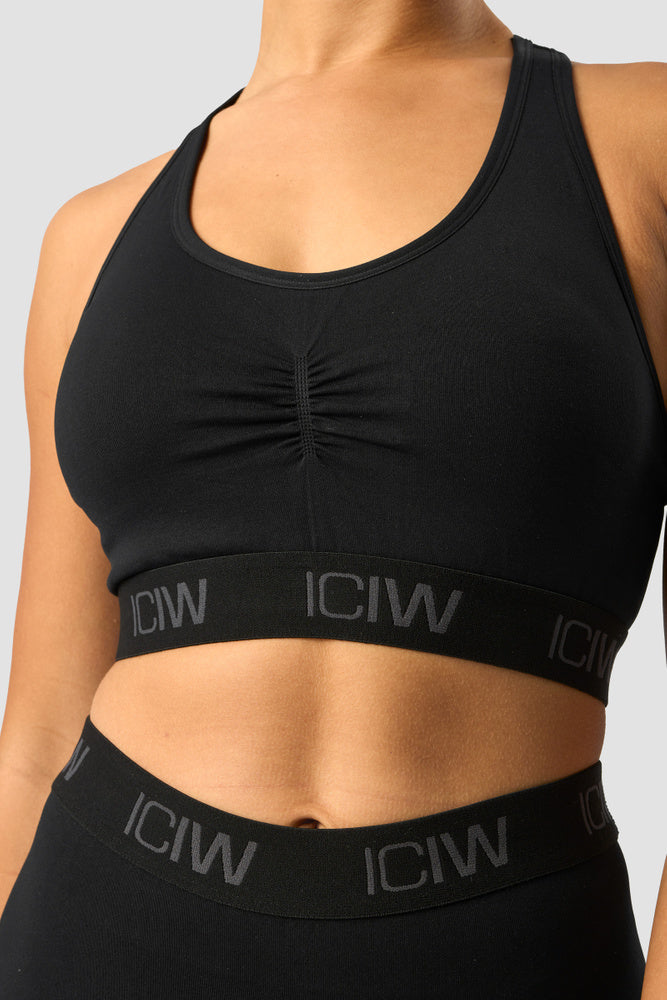 define seamless logo scrunch sports bra black